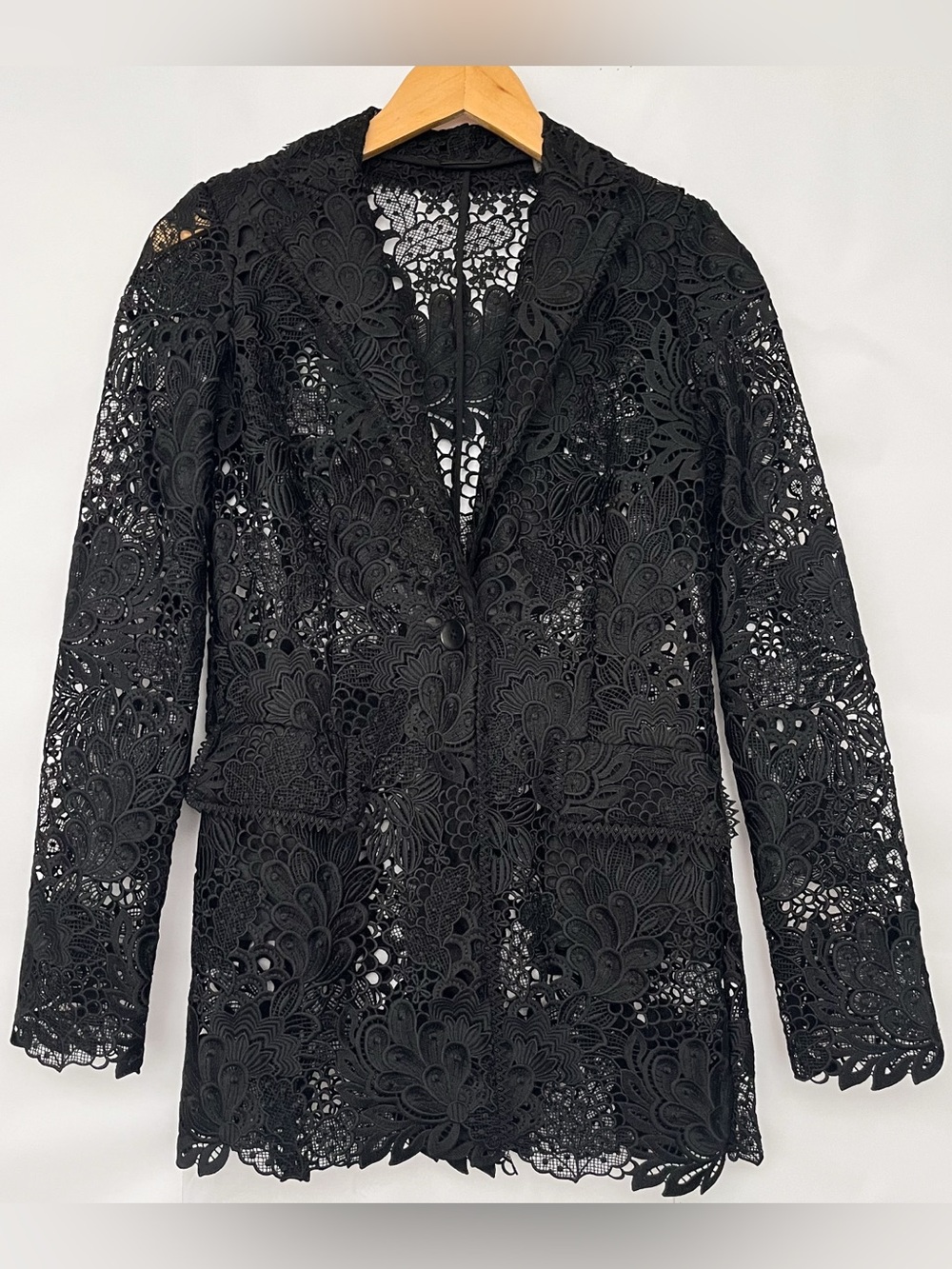 Elie Tahari Floral Crochet Lace Blazer Modern Unlined Pockets Size 0 Black